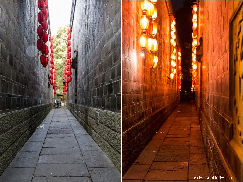 Jinli Strasse in Chengdu bei Tag und Nacht