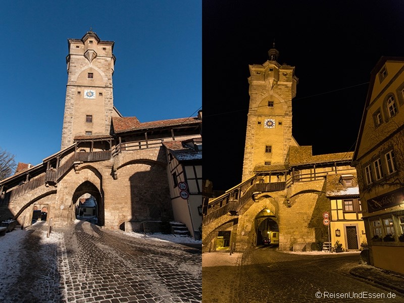 Klingentor in Rothenburg ob der Tauber bei Tag und Nacht