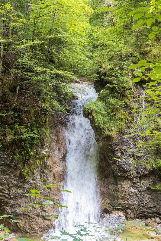 Hoher Wasserfall aus dem Wald in der Schleifmühlklamm
