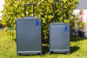 Zwei moderne Hartschalenkoffer beim Koffertest - ein großer und ein kleiner Level8 Hegent - stehen aufrecht auf grünem Gras in hellem Sonnenlicht. Beide sind dunkelgrau mit blauen Akzenten, verlängerten Teleskopgriffen und einem Hintergrund aus üppigen grünen Blättern.