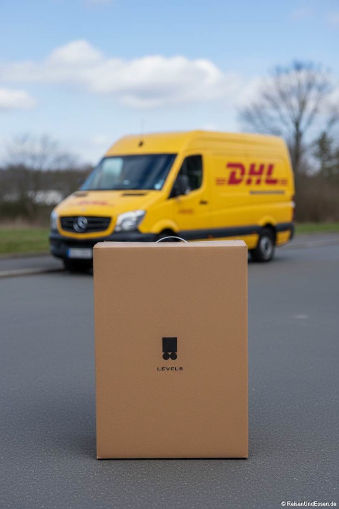 Ein brauner Karton mit Level8 Voyageur-Koffer steht aufrecht auf einer Straße mit einem gelben DHL-Lieferwagen im unscharfen Hintergrund. Im Karton wird der Handgepäck-Koffer für Kurzreisen angeliefert. Die Szene spielt im Freien unter einem teilweise bewölkten Himmel, mit Bäumen und Gras am Straßenrand.