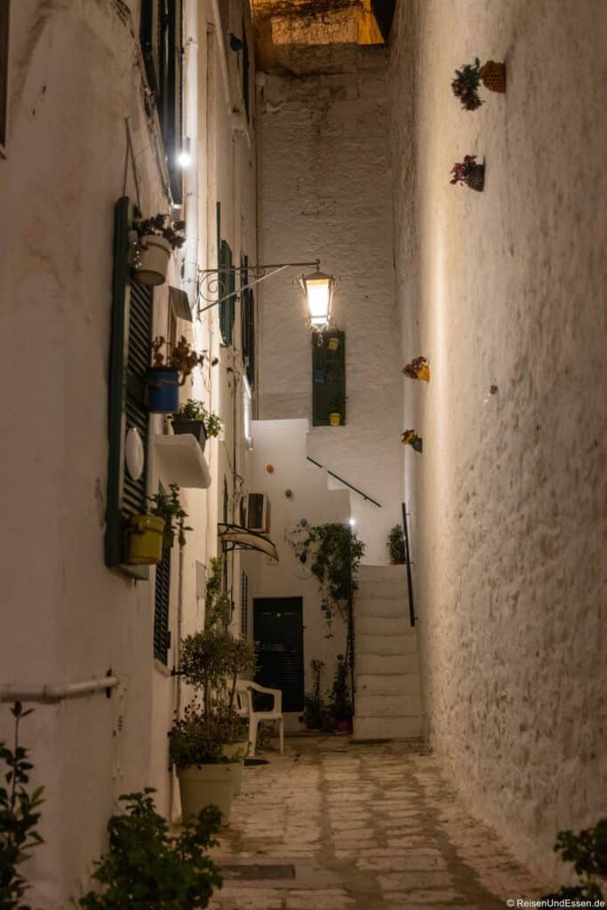 Eine schmale, von einer Laterne beleuchtete Steingasse mit weiß getünchten Wänden, grünen Fensterläden und Topfpflanzen. Eine kleine Treppe führt zu einer schwarzen Tür. An der rechten Wand sind Blumentöpfe angebracht, die eine friedliche mediterrane Abendstimmung schaffen.