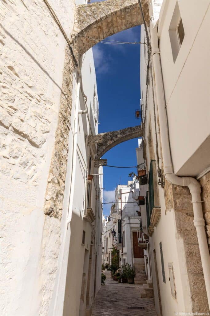 Eine schmale, steinerne Gasse in einer historischen Stadt am Mittelmeer mit weiß getünchten Gebäuden, Steinbögen über den Köpfen, Balkonen und Topfpflanzen, die die Kopfsteinpflasterstraße unter einem strahlend blauen Himmel säumen.